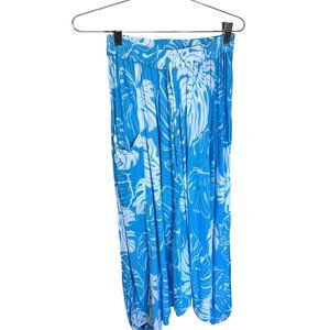 Womens Genie Pants Small Tropical Print Blue Rayon Pockets Teal White Resortwear